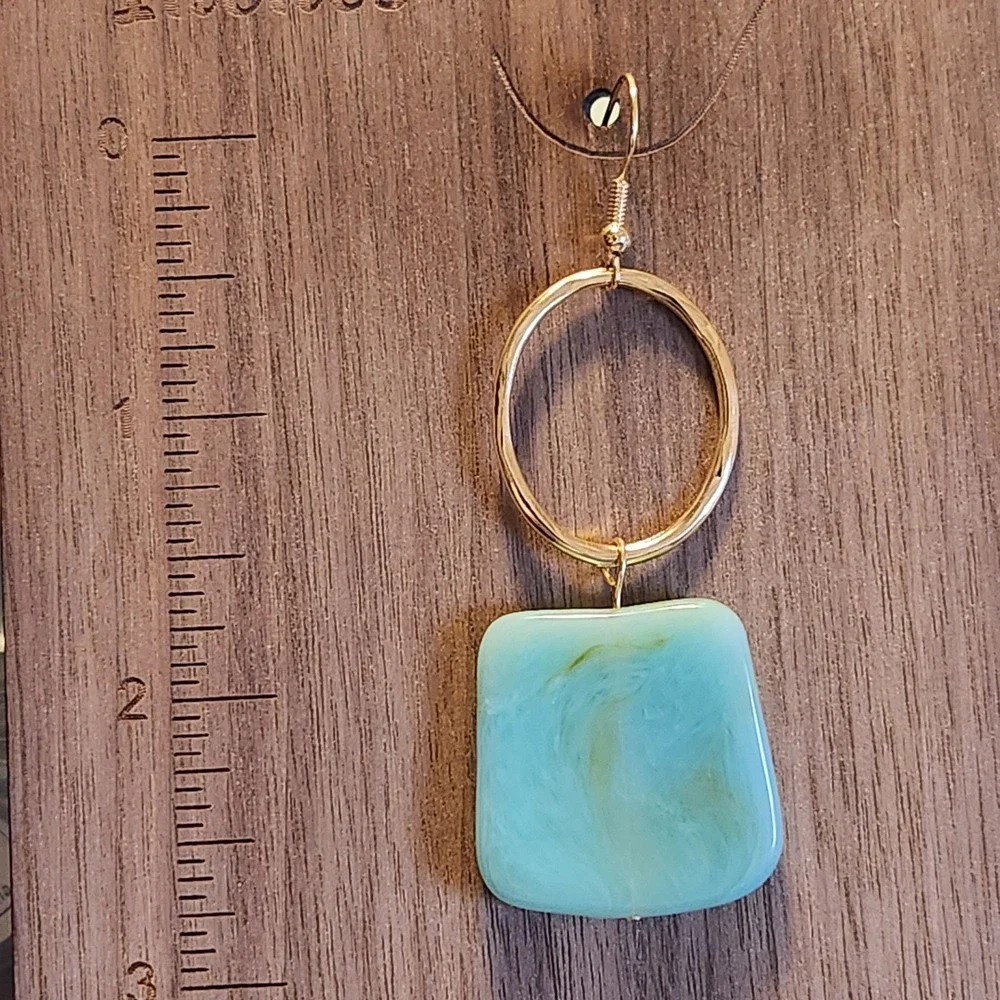 Gold Tone Hoop and Marbled Turquoise Resin Square Geometric Drop Earrings 3 Inch